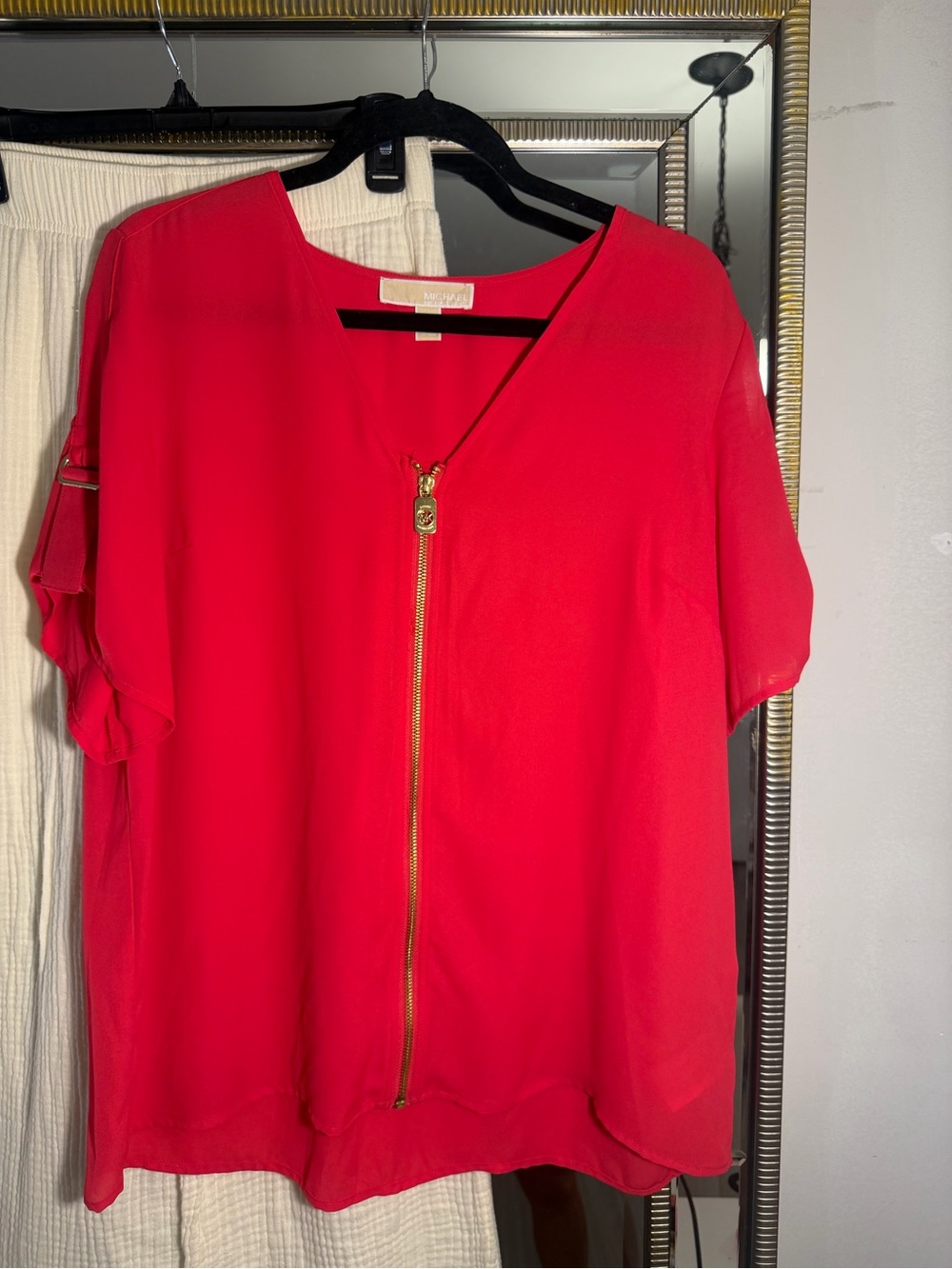 MICHAEL Michael Kors Red V-Neck Short Sleeve Top with Gold Zip